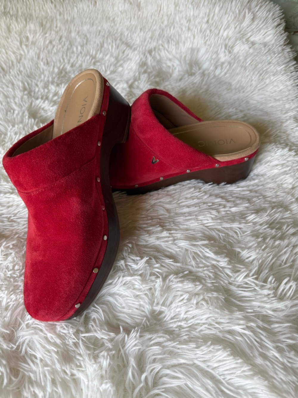 Vionic Red Suede Studded Clog Mules